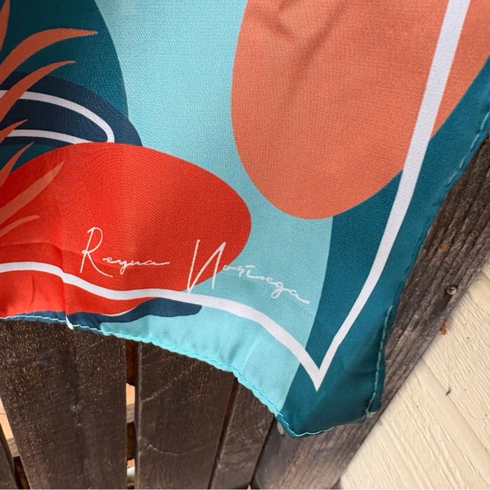 Reyna Noriega x Goody Ouchless Satin Floral Teal and Orange Square Scarf - Picture 4 of 10